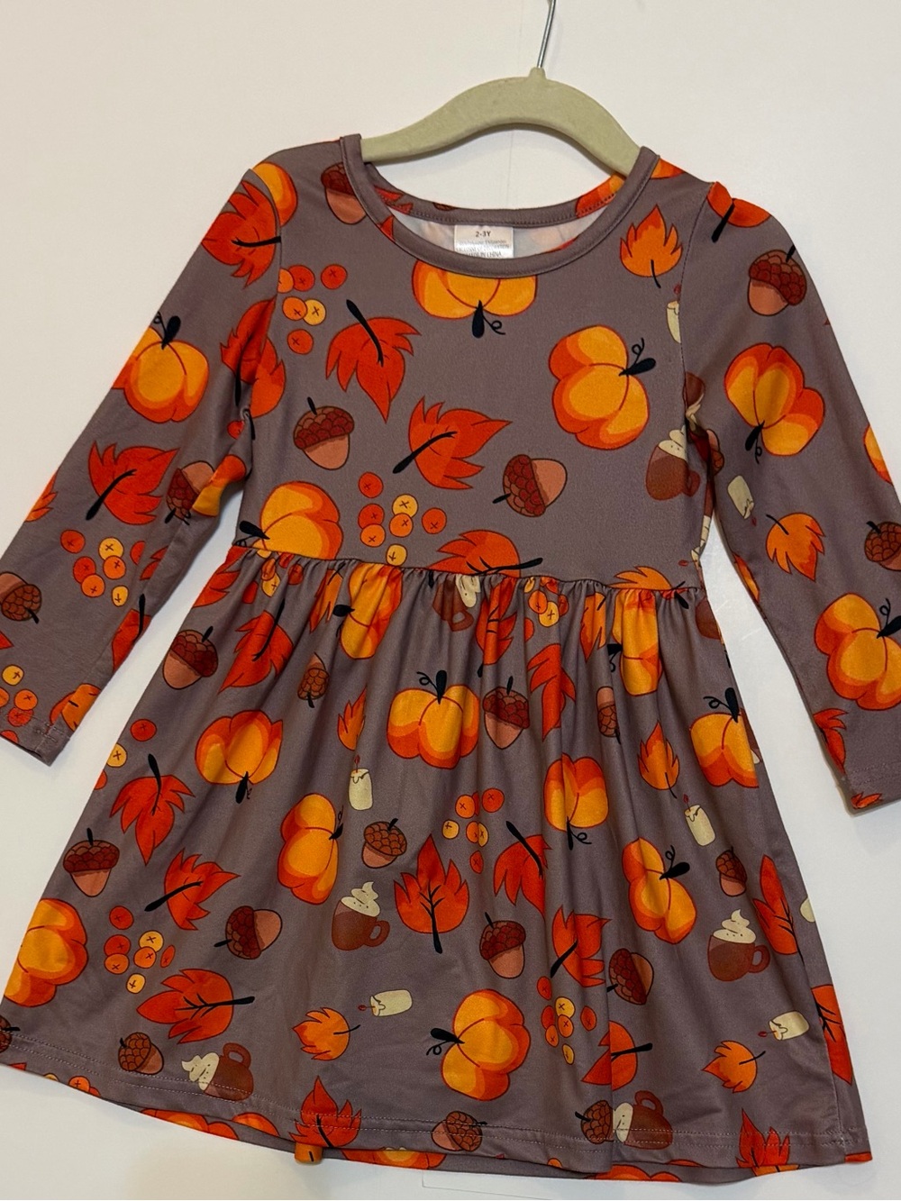 Girls' Fall festive Pumpkin Leaf & Acorn Long Sleeve Dress - brown and Orange